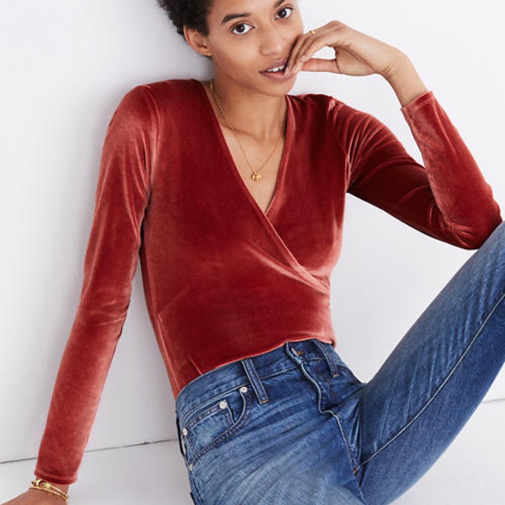 Madewell Velvet Wrap Bodysuit in Burnished Rust